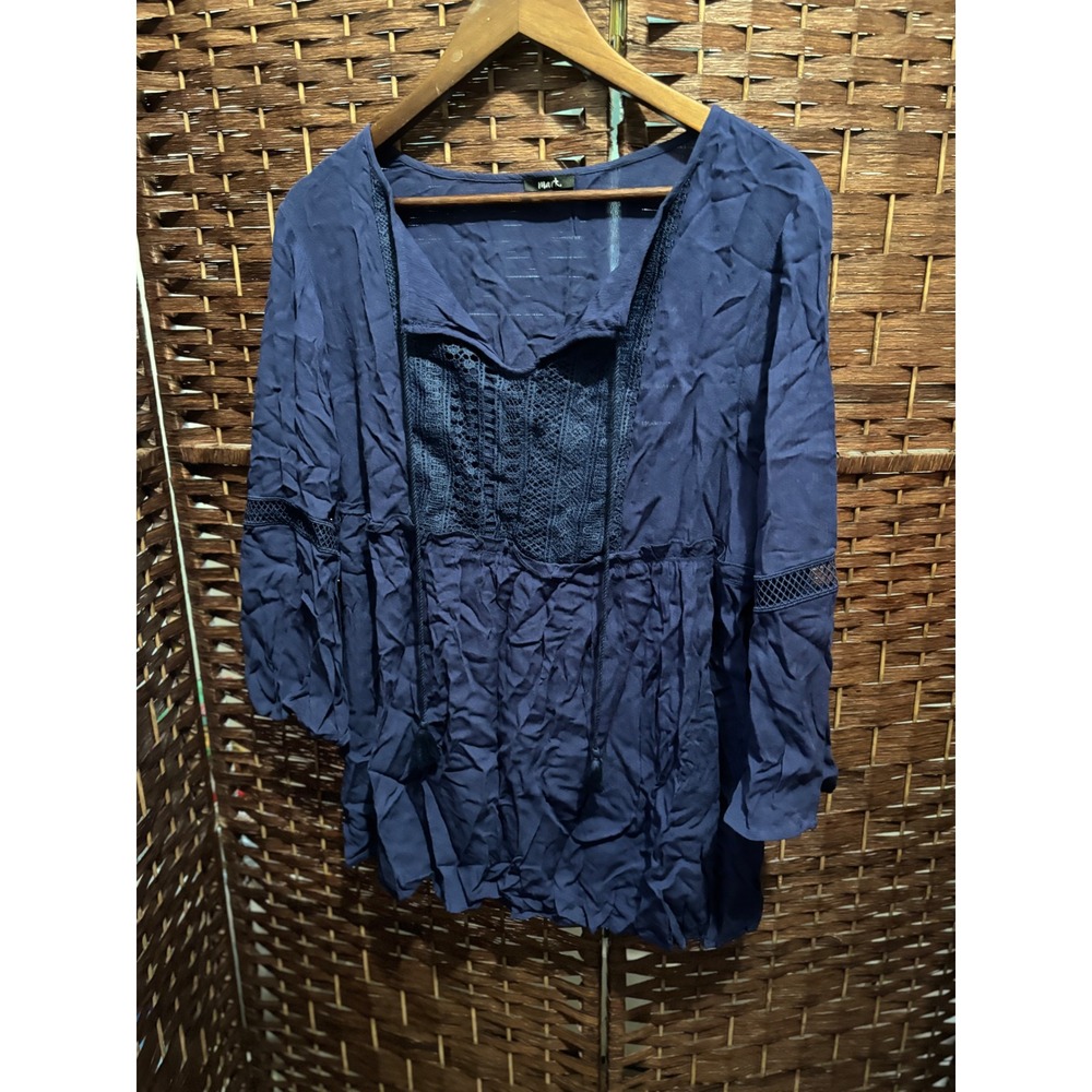 Mark‎ Navy Blue Peasant Tunic Top Crochet Lace Bell Sleeve Bohemian L(12-14)